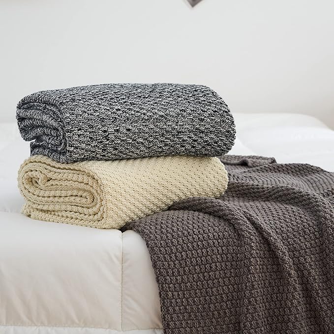 Longhui bedding Black Knitted Throw Blanket for Couch, Soft, Cozy Machine Washable 100% Cotton Sofa Cable Knit Blankets, 4.0lb Weight, 60 x 80 Inches Oversized, Black White Color