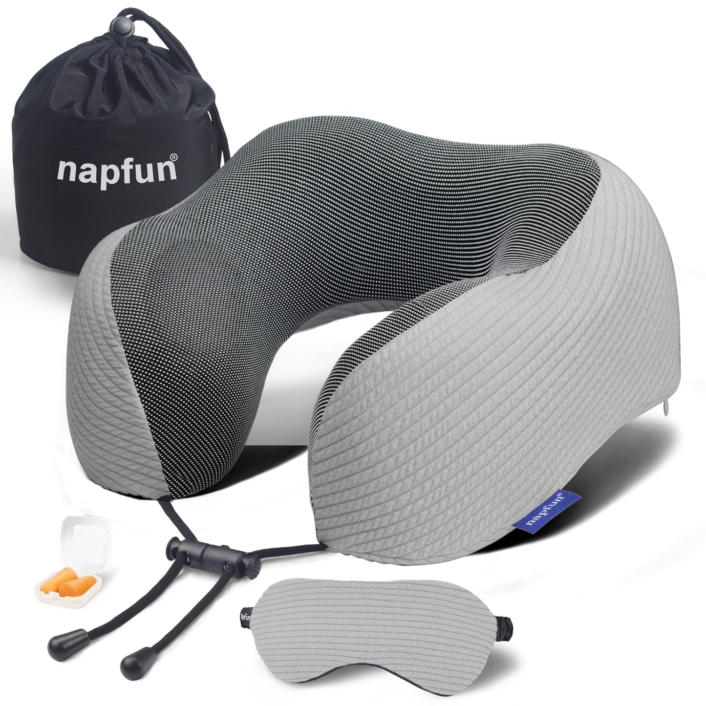 napfun Neck Pillow for Traveling, Upgraded Travel Neck Pillow for Airplane 100% Pure Memory Foam Travel Pillow for Flight Headrest Sleep, Portable Plane Accessories, Light Grey