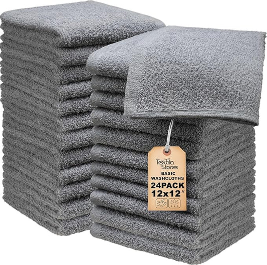 Basic Wash Cloths 12x12 Inches – Bulk Pack of 24 – Grey Color – Soft and