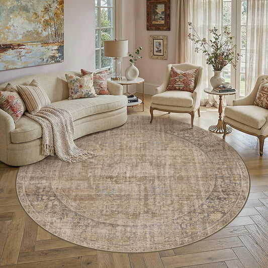 HUGEAR Brown 6x6 Round Washable Area Rugs for Living Room Bedroom Neutral Vintage Rug Soft Durable Carpet Distressed Non Slip & Shedding Stain Resistant Low Pile for Home Decor