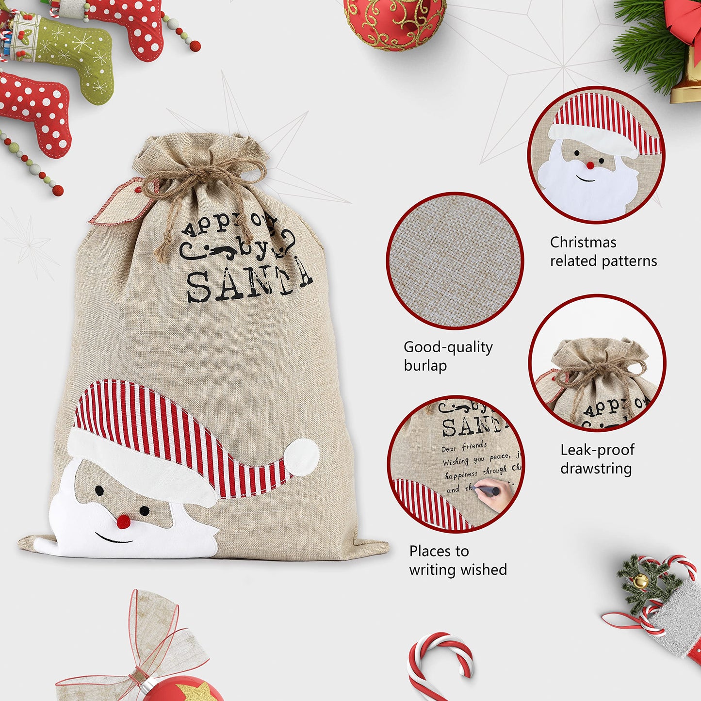 LessMo Christmas Santa Sack, Large Canvas Gift Bag with Drawstring, [Place to Write Wishes] Reusable Personalized Best Gift, for Xmas Package Storage, Christmas Party Supplies Favors