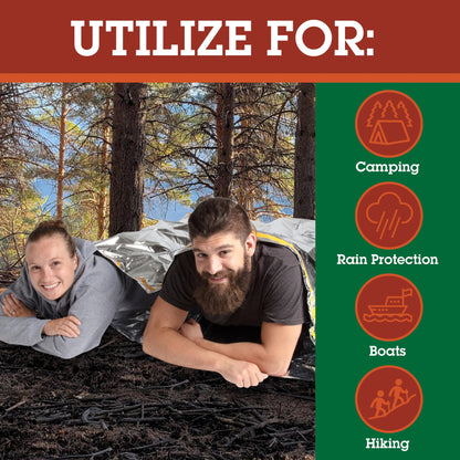 Emergency Thermal Mylar 2 Person Sleeping Bags- 1 Pack -Ultra Compact for Camping, Survival, Disaster Bivouac Shelter- Pocket Sized, 7.25ft x 5.25ft - Retains 90% of Body Heat and Repels Wind & Water
