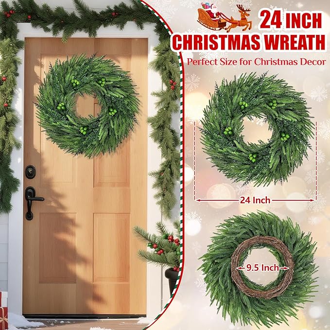 24 Inch Christmas Wreaths for Front Door, Real Touch Norfolk Pine Wreath Large Christmas Wreath with Lights, Winter Wreaths Christmas for Outdoor Indoor Windows Xmas Decor