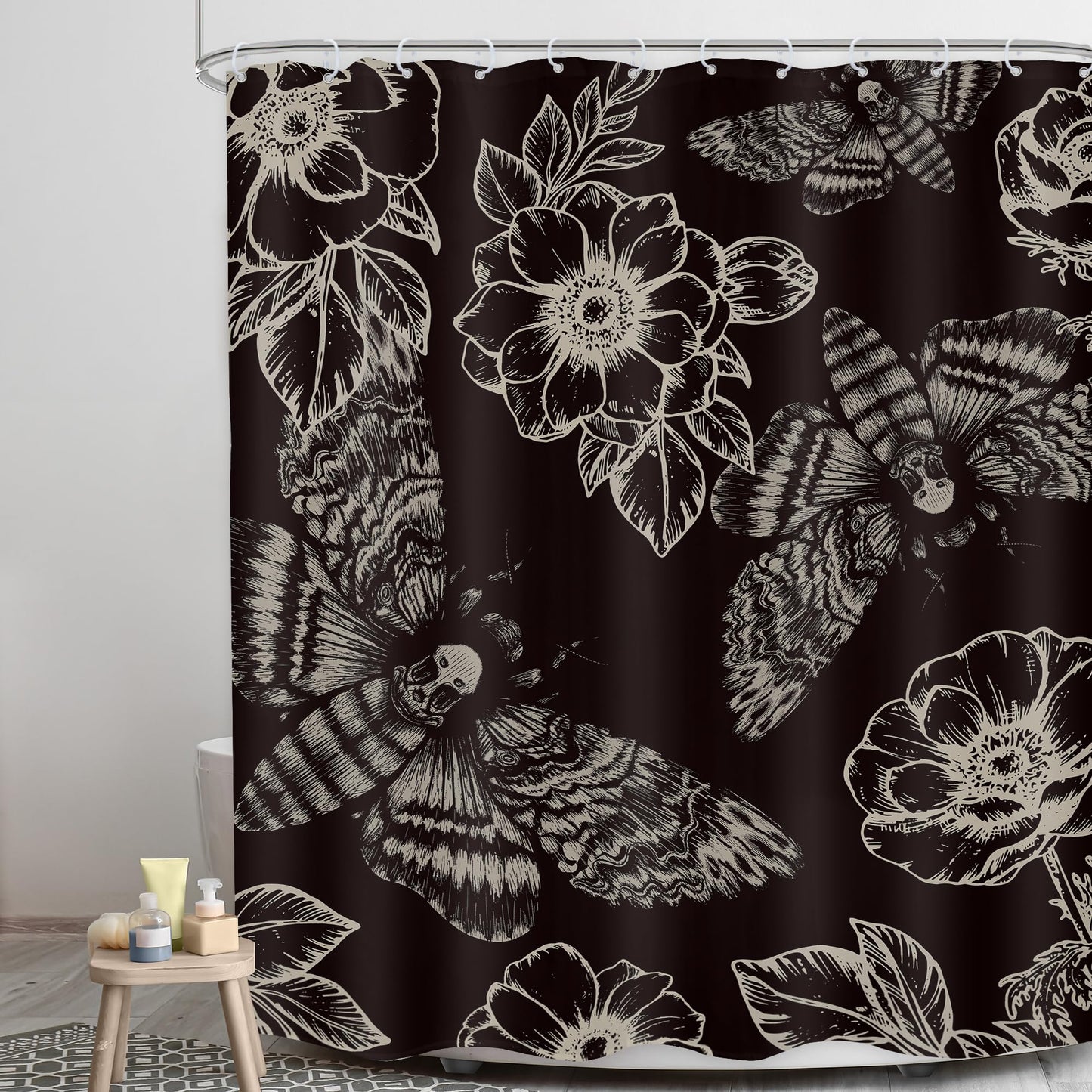 LGhtyro Gothic Skull Moth Halloween Shower Curtain Bathroom Set 60Wx71H Inches Witchy Scary Black Flower Death Head Mysterious Butterflys Bath Accessories Men Art Home Decor Fabric 12 Pack Hooks