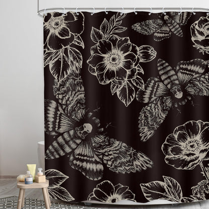 LGhtyro Gothic Skull Moth Halloween Shower Curtain Bathroom Set 60Wx71H Inches Witchy Scary Black Flower Death Head Mysterious Butterflys Bath Accessories Men Art Home Decor Fabric 12 Pack Hooks