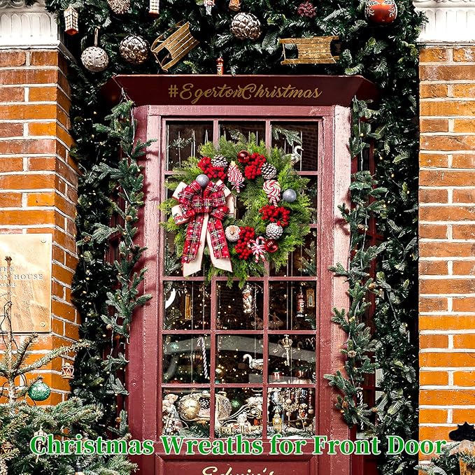 Christmas Wreaths for Front Door, 20 Inch Lighted Artificial Christmas Door Wreath with Candy Lollipops Ball Bow, Holiday Decorations for Home Decor