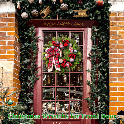 Christmas Wreaths for Front Door, 20 Inch Lighted Artificial Christmas Door Wreath with Candy Lollipops Ball Bow, Holiday Decorations for Home Decor