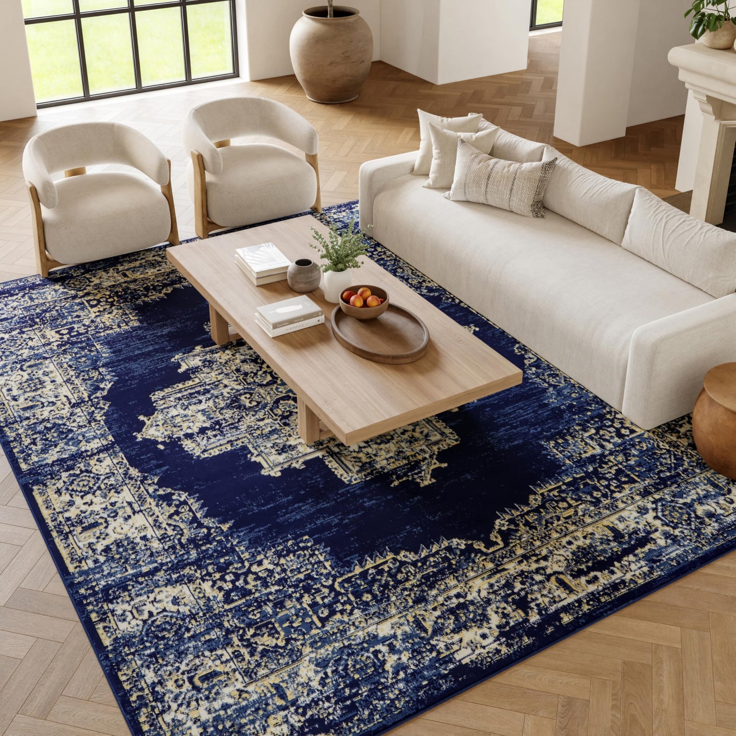 Nourison Home Grafix Navy Blue 7' x 10' Area Rug - Easy Clean, Non Shedding, Bed Room, Living Room, Dining Room, Kitchen (7' x 10')
