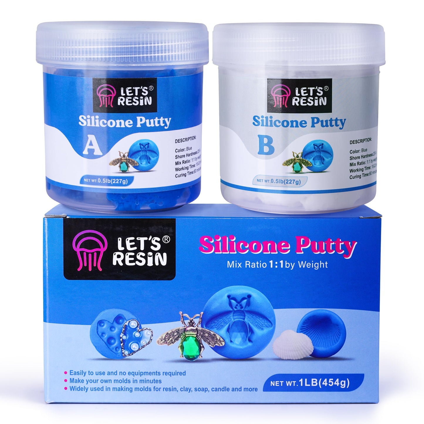 LET'S RESIN Silicone Putty, 1LB/40A Mold Making Kit, Non-Toxic, Strong & Flexible, Easy 1:1 Mixing Ratio for Reusable Silicone Molds, Resin, Soap