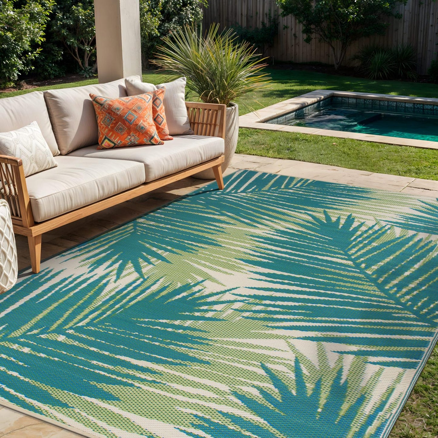 Rugshop Tropical Floral Reversible Foldable Waterproof Premium Recycled Plastic Outdoor Rugs for Patio,Backyard,RV,Deck,Picnic,Trailer,Beach,Camping Rug 6' X 9' Green