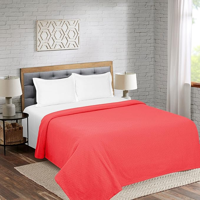 BELIZZI HOME 100% Cotton Bed Blanket,Breathable Thermal Blanket Full Queen Size,Soft Chevron Thermal Blanket 90x90in,Cotton Bed Blanket,Perfect for Layering Any Bed for All Season,Coral