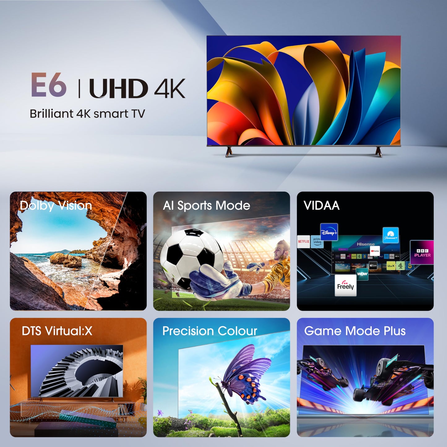 Hisense 50 Inch 4K Smart TV 50E6NTUK - Dolby Vision, Game Mode PLUS with 60Hz VRR ALLM, Smooth Motion, AI Sports Mode, Vidaa OS with Freely, Youtube, Netflix and Disney+ & Now TV (2024 Model)