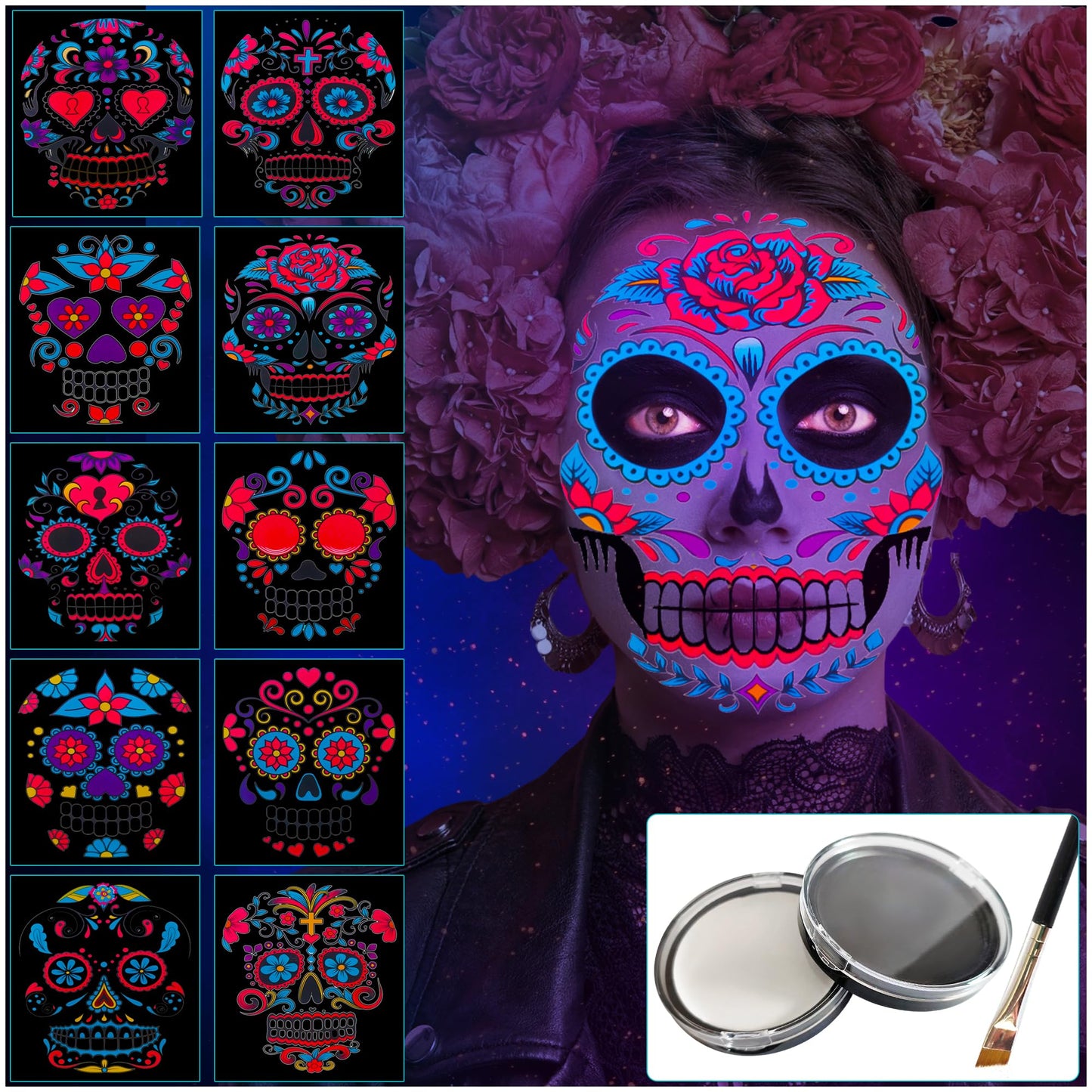 Jim&Gloria Black and White Face Paint with Brush, Waterproof Day of the Dead Tattoo Professional SFX Makeup Kit for Joker, Clown, Mime, Cosplay, Costume Skull Skeleton, Sports Body Painting Set