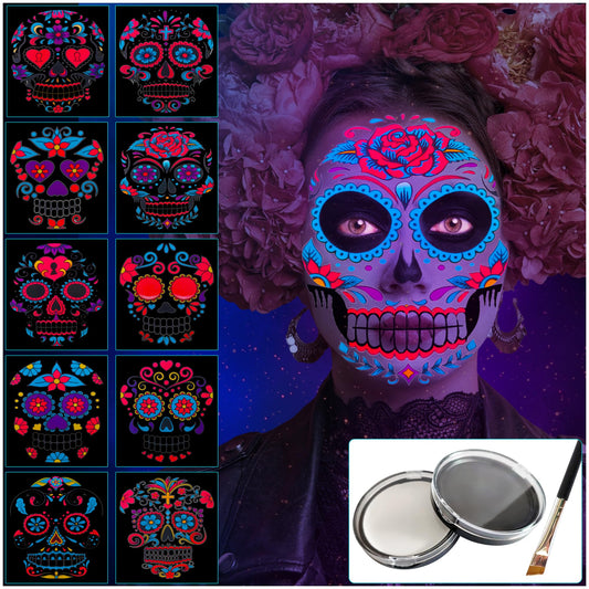 Jim&Gloria Black and White Face Paint with Brush, Waterproof Day of the Dead Tattoo Professional SFX Makeup Kit for Joker, Clown, Mime, Cosplay, Costume Skull Skeleton, Sports Body Painting Set