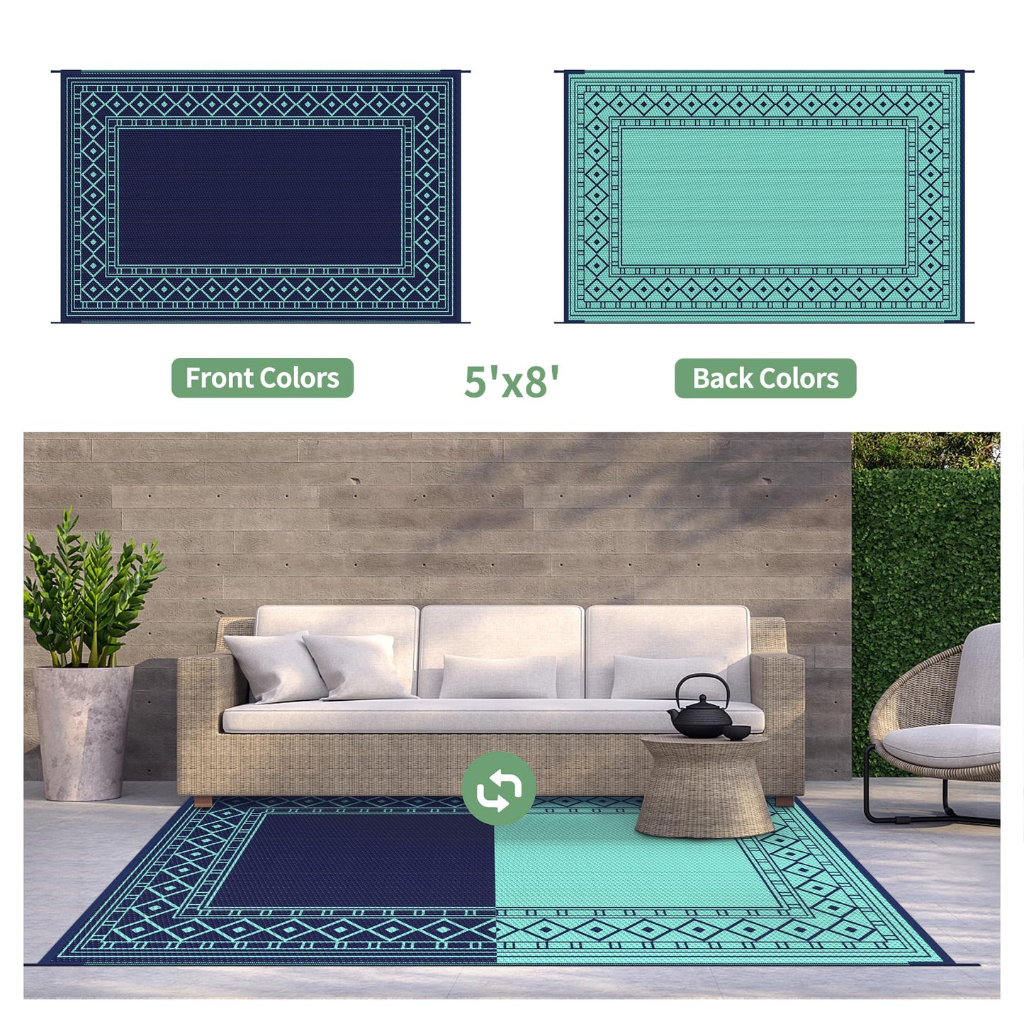 GENIMO Outdoor Rug Waterproof 5'x8' for Patio, Foldable Reversible Plastic Straw Carpet for Travel Trailers, Outside Area Mat for Rv, Deck, Picnic, Porch, Balcony, Beach, Navy Blue & Jade Green