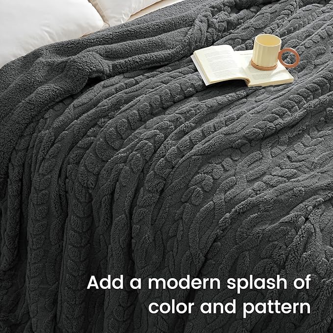 PHF Fluffy Sherpa Blanket Twin Size for Winter, Warm and Soft, 510GSM 3D Jacquard Thick Shaggy Fleece Plush Blanket for Sofa Bed, Dark Grey, 60"x80"