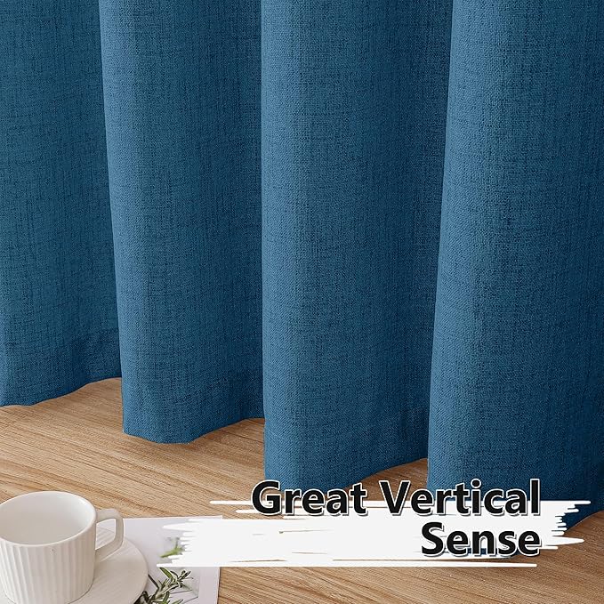 Tollpiz Short Linen Tier Curtains Rod Pocket Semi Sheer Half Kitchen Curtain Burlap Light Filtering Thick Linen Drapes for Bathroom, 30 x 24 inches Long, Classic Blue, Set of 2 Panels
