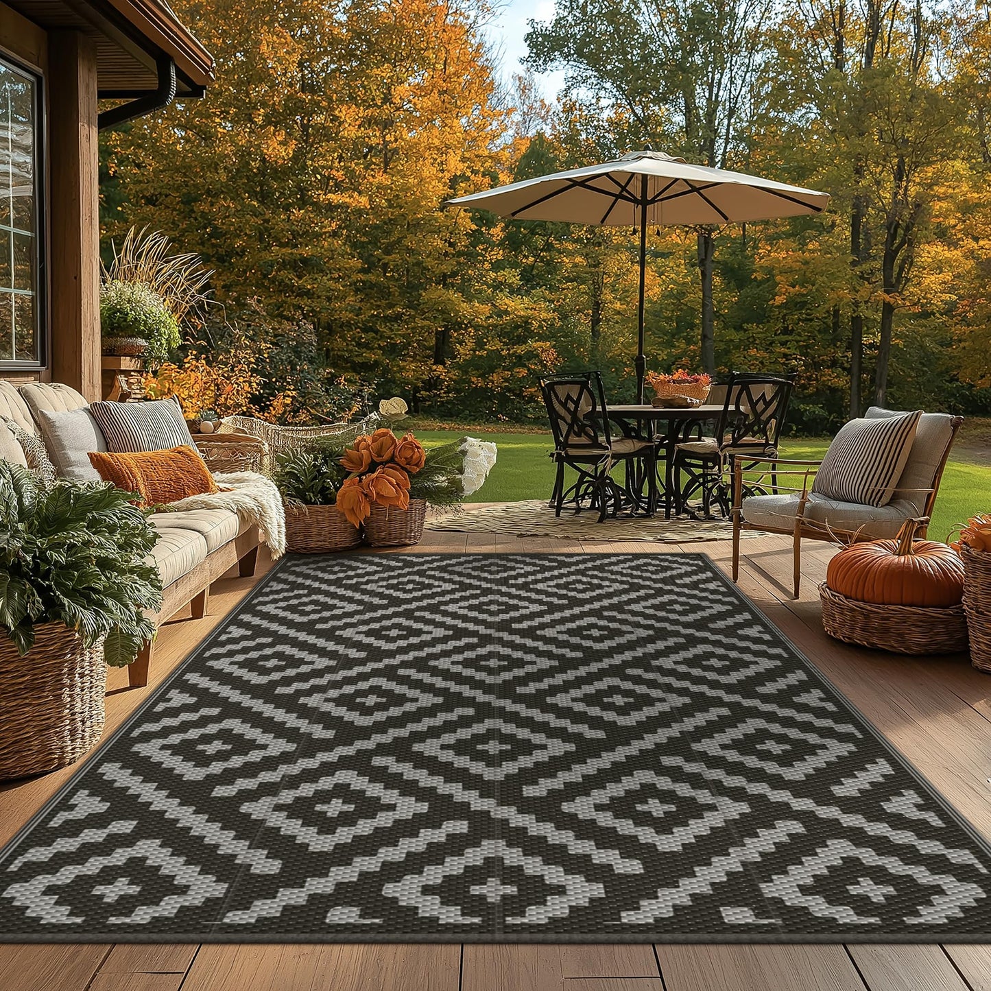 GENIMO Outdoor Rugs 8'x10' Waterproof, Reversible Mats, Area Plastic Straw Rug, Outside Carpet, Geometric Rv Mat for Patio Camping Rv Picnic Backyard Deck Balcony Porch Beach Trailer (Black & Grey)