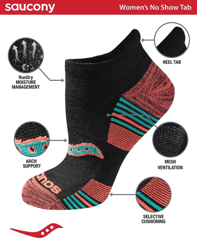 Saucony Women's RunDry Performance 8, 16 Pairs Heel Tab Athletic Socks, S-L, Assorted Darks (8 Pairs), Medium