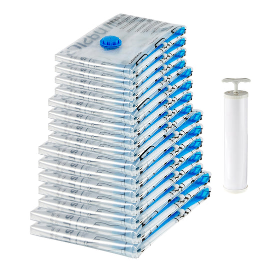 Amazon Basics Vacuum Compression Space Saving Storage Bags with Hand Pump for Clothes Packing, Pack of 15, Multiple Sizes, White