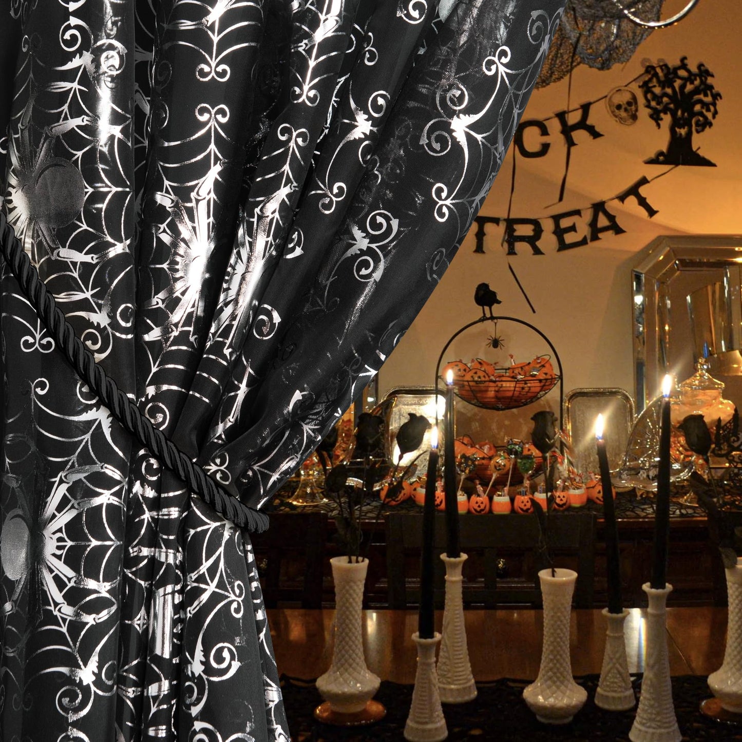 NICETOWN Black Sheer Halloween Curtains with Silver Spider Foil Print, Grommet Flowing Voile Sheer Window Treatment for Gothic Bedroom, W54 x L84, 2 Panels