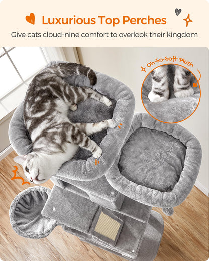 FEANDREA Cat Tree, 206 cm Large Cat Tower with 13 Scratching Posts, 1 Scratching Ramp, 2 Perches, 2 Caves, Basket, Hammock, Pompoms, Multi-Level Plush Cat Condo for Indoor Cats, Light Grey