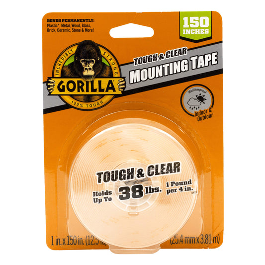 Gorilla Tough & Clear Double Sided Mounting Tape, Clear Tape, 1" x 150" (Pack of 1) - Weatherproof for Indoor or Outdoor