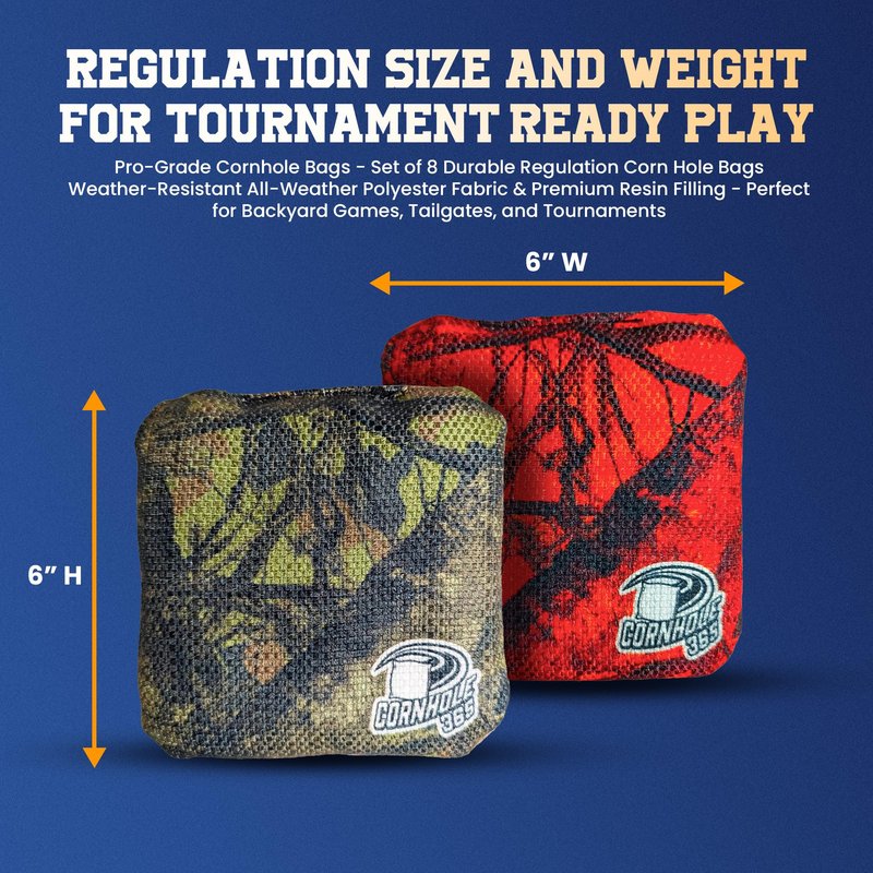 Cornhole365 Themed Cornhole Bags - 6"x6" All Weather Dual-Sided Slick & Stick - Plastic Resin Cornhole Bean Bag Filler & Suede - Dual Stitched for Sports Competition - Hunting Camo - Set of 8