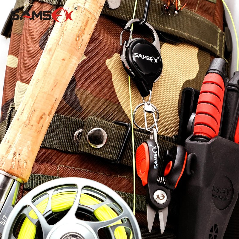 SAMSFX Fishing Nipper with Retractable Tether, Stainless Steel Blades that Cut Braid, Mono and Fluoro Lines, SNIP, Fishing Line Cutters (Green)