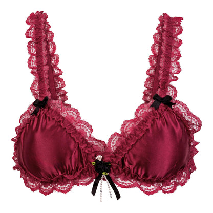 Satini Sissy Frilly Lace Fitted Satin Bralette (Wine Red, XL)