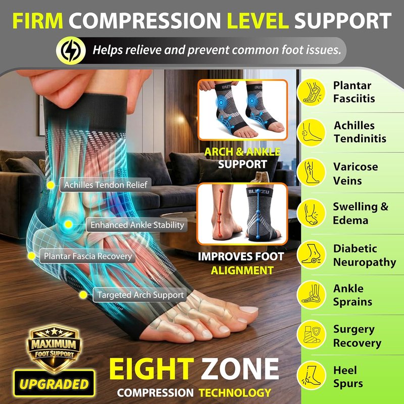 Compression Socks for Plantar Fasciitis & Achilles Tendonitis - Ankle Brace with Arch Support | Blue S-M