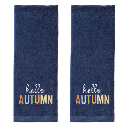 SKL Home Fall/Harvest Hello Autumn 100% Cotton Embroidered 2pc Hand Towel Set, Decorative for Bath/Kitchen/Bar & Gift, Navy