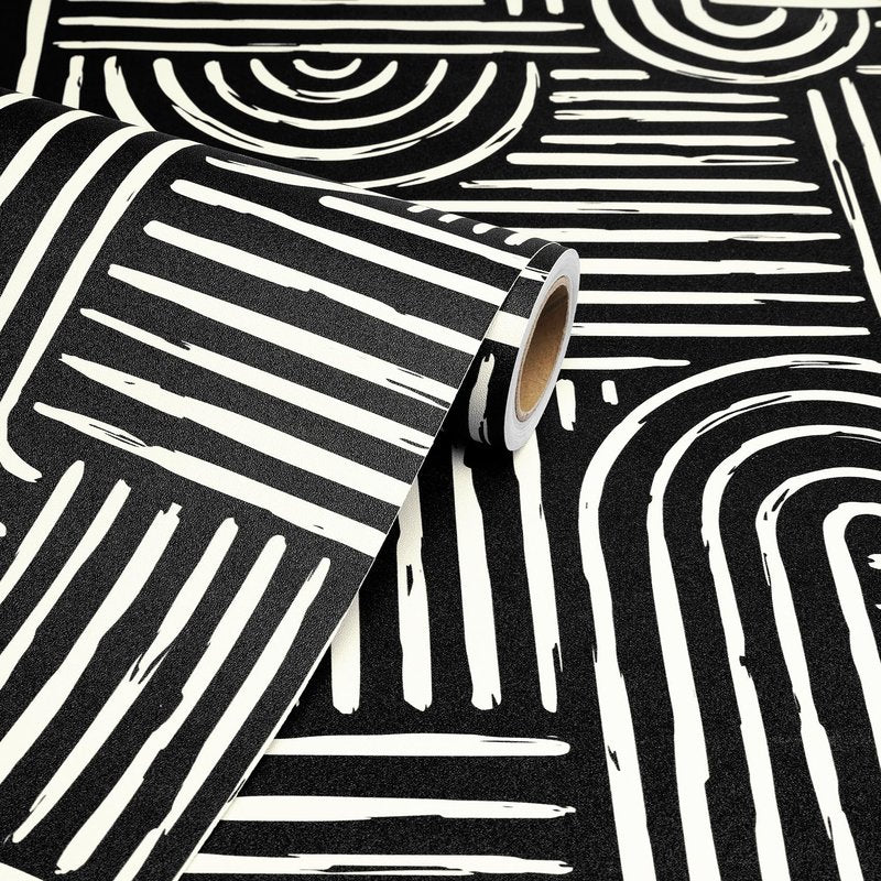 Livelynine Geometric Peel and Stick Wallpaper Black and White Modern Mid Century Geometric Abstract Wall Paper Contemporary Minimalist Lines 17.5x78.8 Geometric Pattern Contact Paper for Cabinets