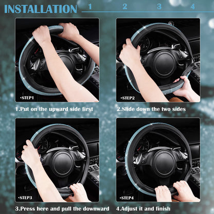 CAR PASS Mint Diamond Black Leather Steering Wheel Cover, Bling Blue Crystal Rhinestones Universal Fit 14"1/2-15" Crystal Glitter for Women Sparkle Girl Fit Suvs,Vans,Sedans,Cars,Trucks, Mint Diamond