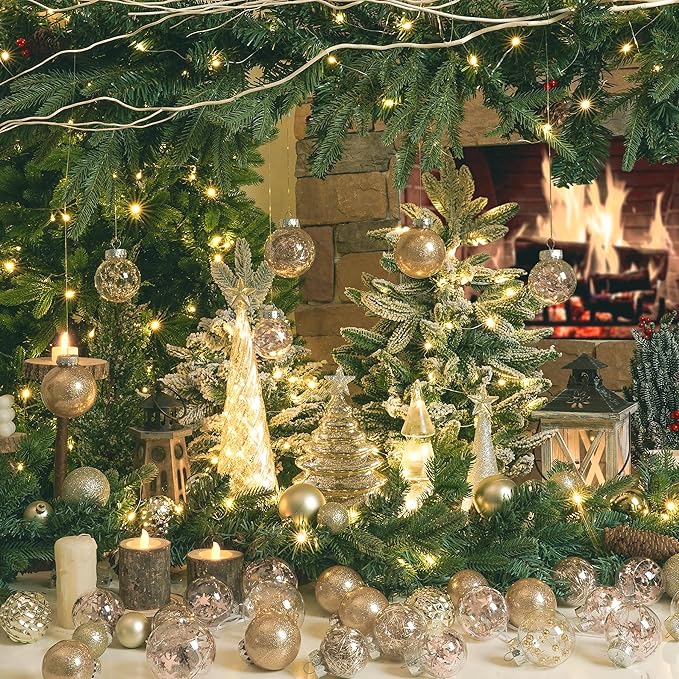 XmasExp 32ct Christmas Ball Ornaments Set -Champagne Clear Plastic Shatterproof Xmas Tree Ball Decorations Hanging Baubles for Holiday Decor