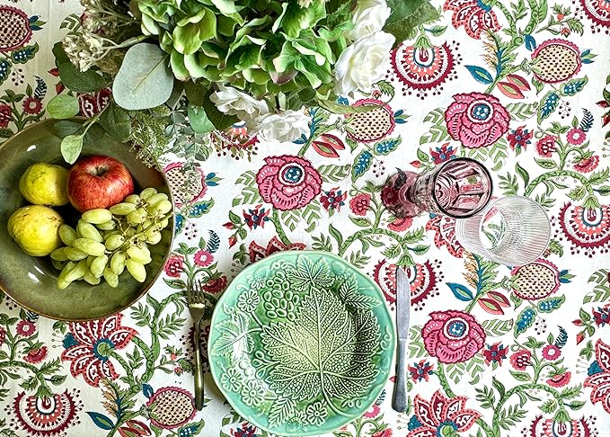 ATOSII Ruby 100% Cotton Rectangle Summer Tablecloth, Block Print Floral Table Cloth for Dining Table, Parties, Weddings, Outdoors Grand Millenial Decor I 60 X 90 Inches I 6 Seater I