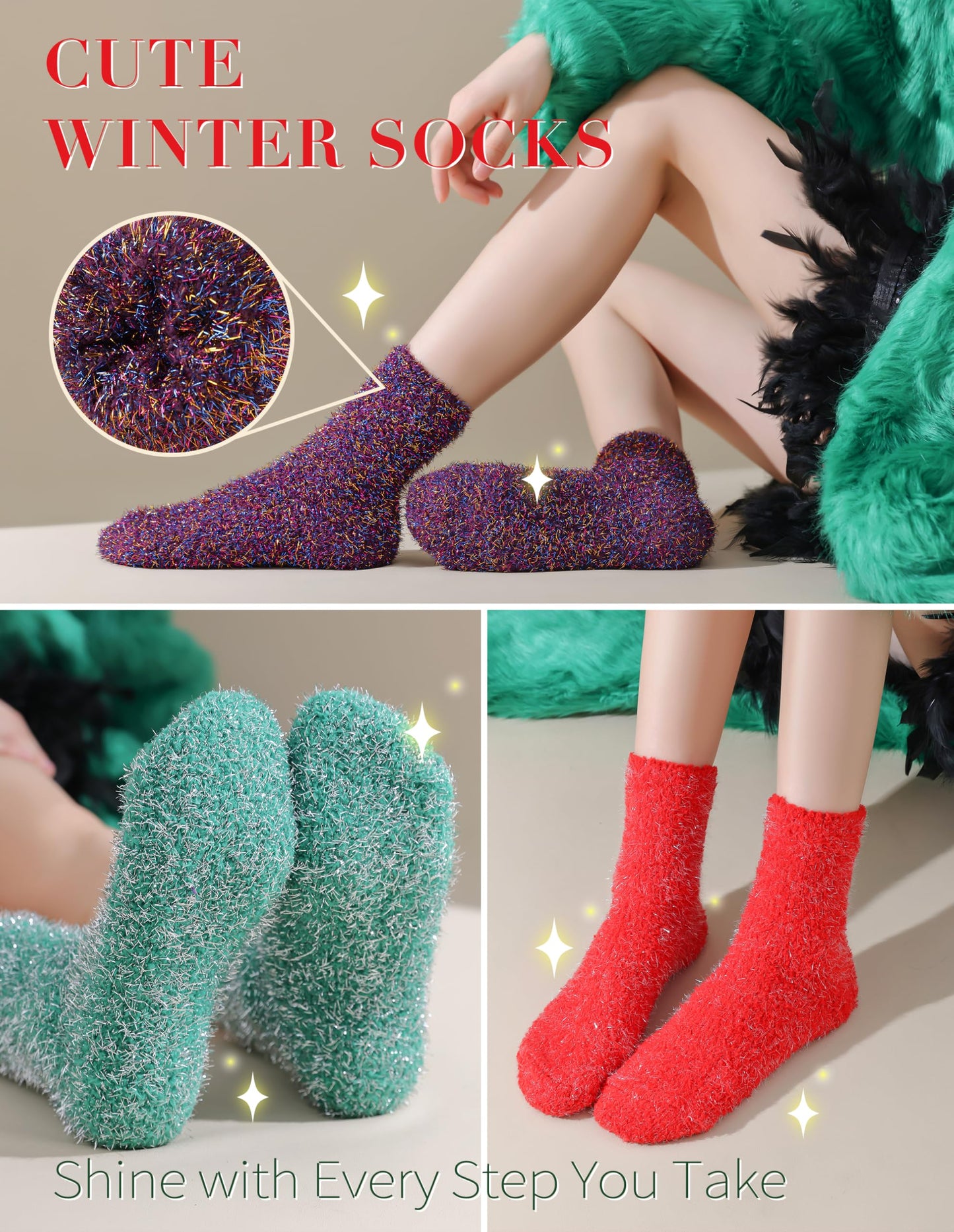 AIVEI Sparkly Fuzzy Socks for Women Men, Halloween Gifts Boo Spooky Basket Stuffers, Funny Cute Crazy Fluffy Plush Slipper Socks for Girls Boys 3 Pairs