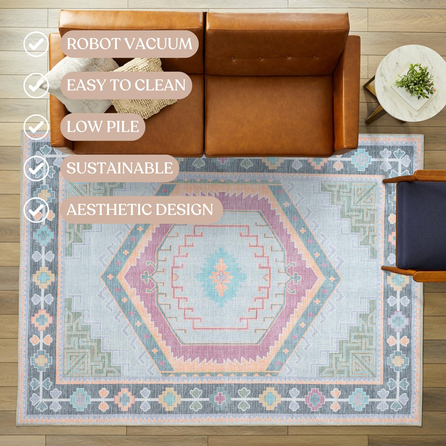 Fame Living Washable Area Rug. Modern Farmhouse. Vintage. Turkish. Bohemian. Distressed. Oriental. Traditional. Rugs for Living Room. Dining. Bedroom. Office. Entryway. Foyer. (856GP, 5' x 6'9")