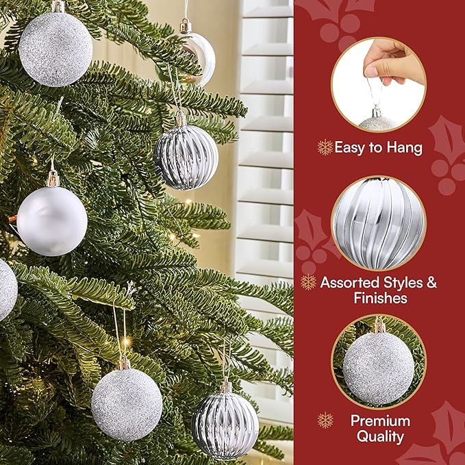 JOIEDOMI 24 Pcs Silver Christmas Balls Ornaments, 2.36" Christmas Tree Ornaments Set, Shatterproof Xmas Balls Hanging Decorations for Tree Wreath Garland Holiday Wedding Indoor Party Decor