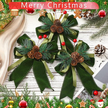 Syhood 6 Pcs Christmas Bows with Pine Cones Pine Needles Xmas Velvet Bows Sage Green Ribbon Christmas Tree Wreath Decoration for Xmas Parties Indoor Outdoor Crafts DIY Decor