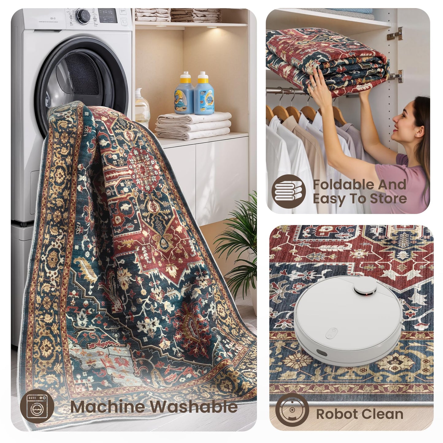 Rugland 8x10 Area Rugs - Stain Resistant Washable Rug, Anti Slip Rugs for Living Room, Vintage Tribal Area Rugs(Medallion 01-Rust/Blue, 8'x10')
