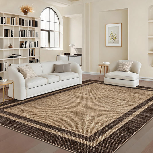 Garvee 8x10 Area Rug Neutral Border Rugs for Living Room Brown Rug Washable Rugs for Bedroom Non Slip Non Shedding Floor Cover Stain Resistant Low Pile Throw Carpet for Dining Room Nursery，Brown