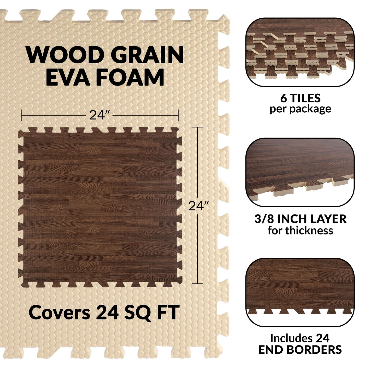 Foam Floor Tiles - 24sqft Wood Grain Interlocking Foam Tiles with Border - Soft Play Mat Playroom or Gym Flooring for Home Gym by Stalwart (Dark)