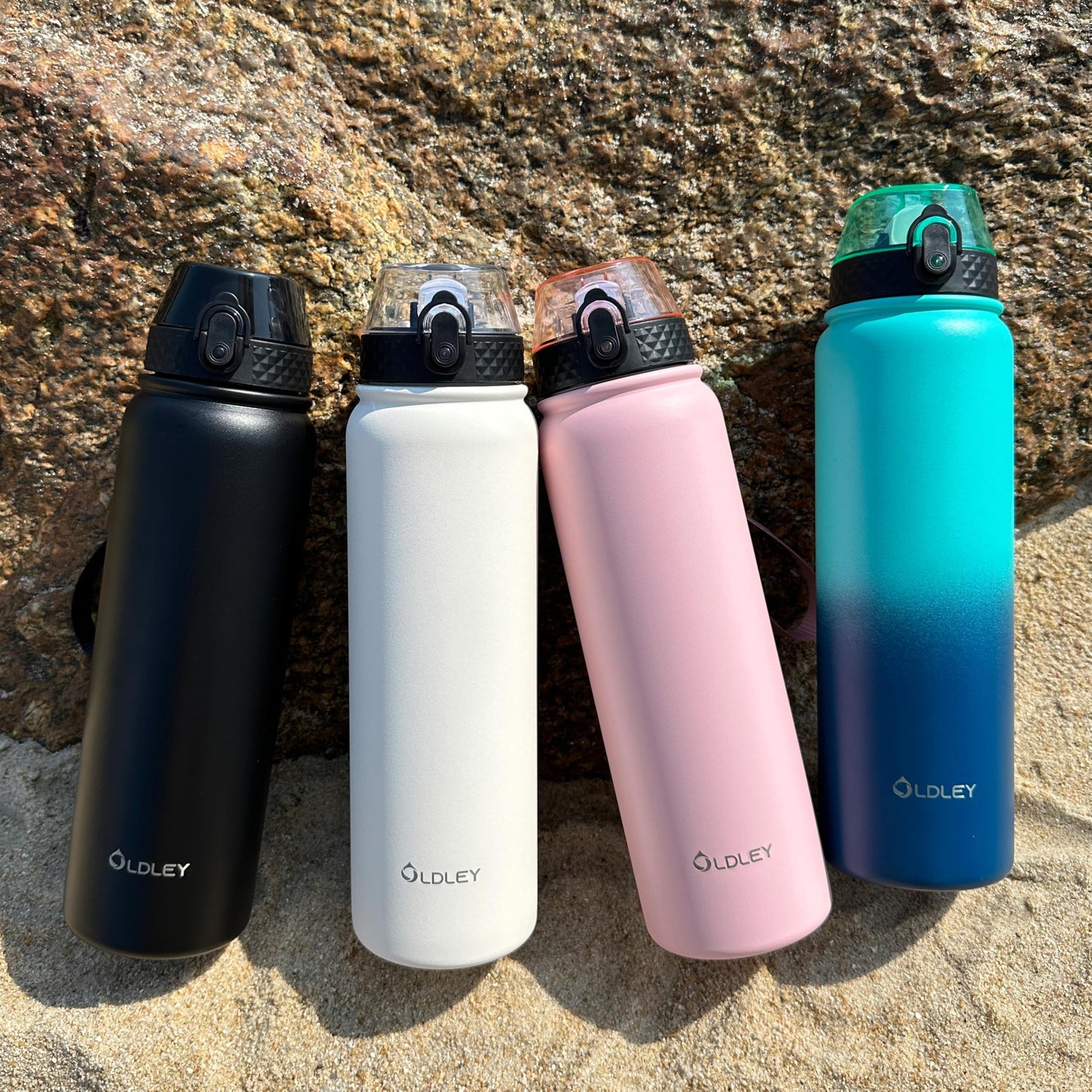 OLDLEY Stainless Steel Water Bottle with Straw 1L Vaccum Insulated Large Drink Flask Metal Water Bottles 1 Litre Leakproof Keep Drinks Hot Cold for Bike Sports Gym Adult Women Men(Black,1 Lid)