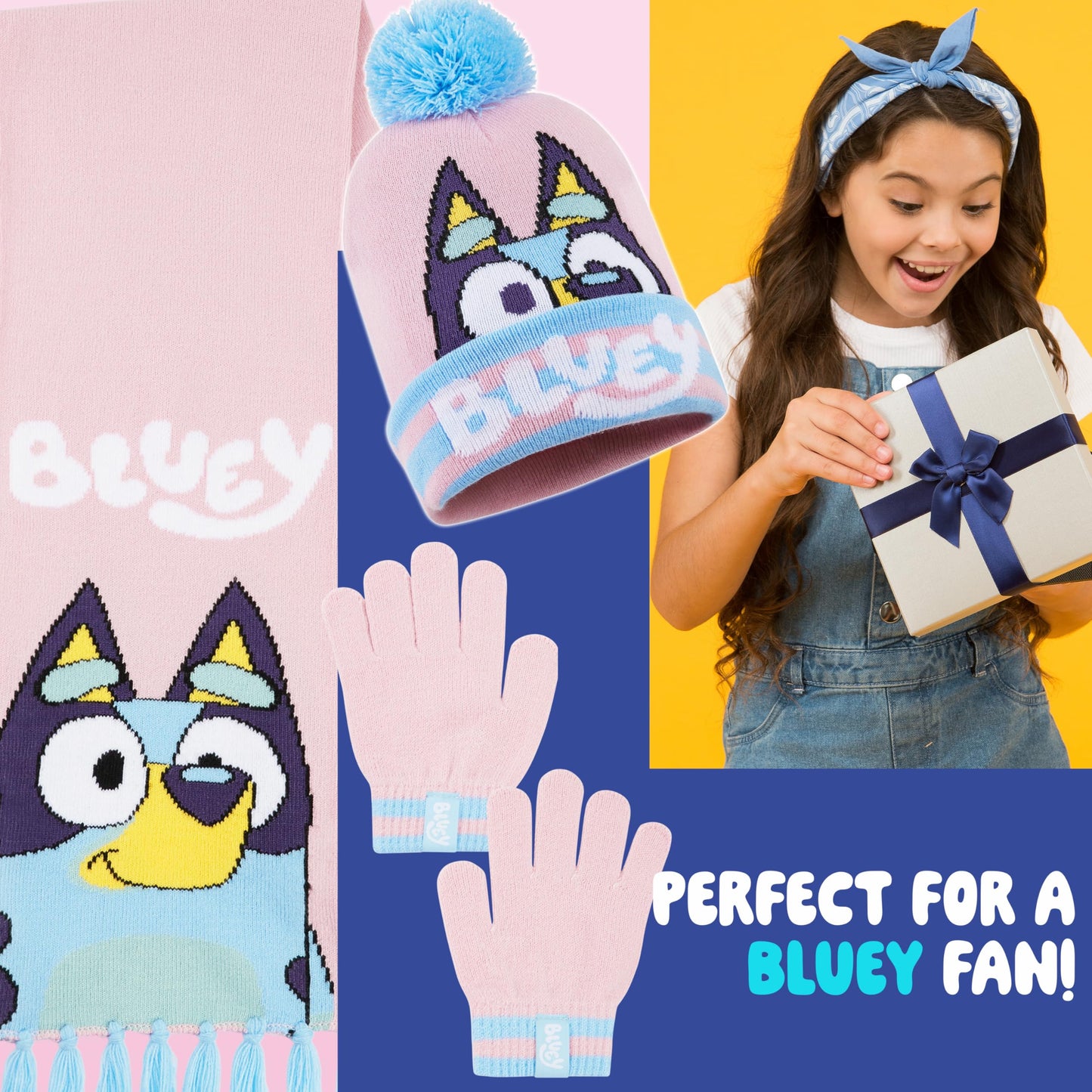 Bluey Girls Winter Accessories Set Cosy Warm Knit Hat Scarf & Kids Gloves or Beanie & Gloves School Travel, Kids Gifts (Pink Bluey 3 Pcs, 3-9 Years)
