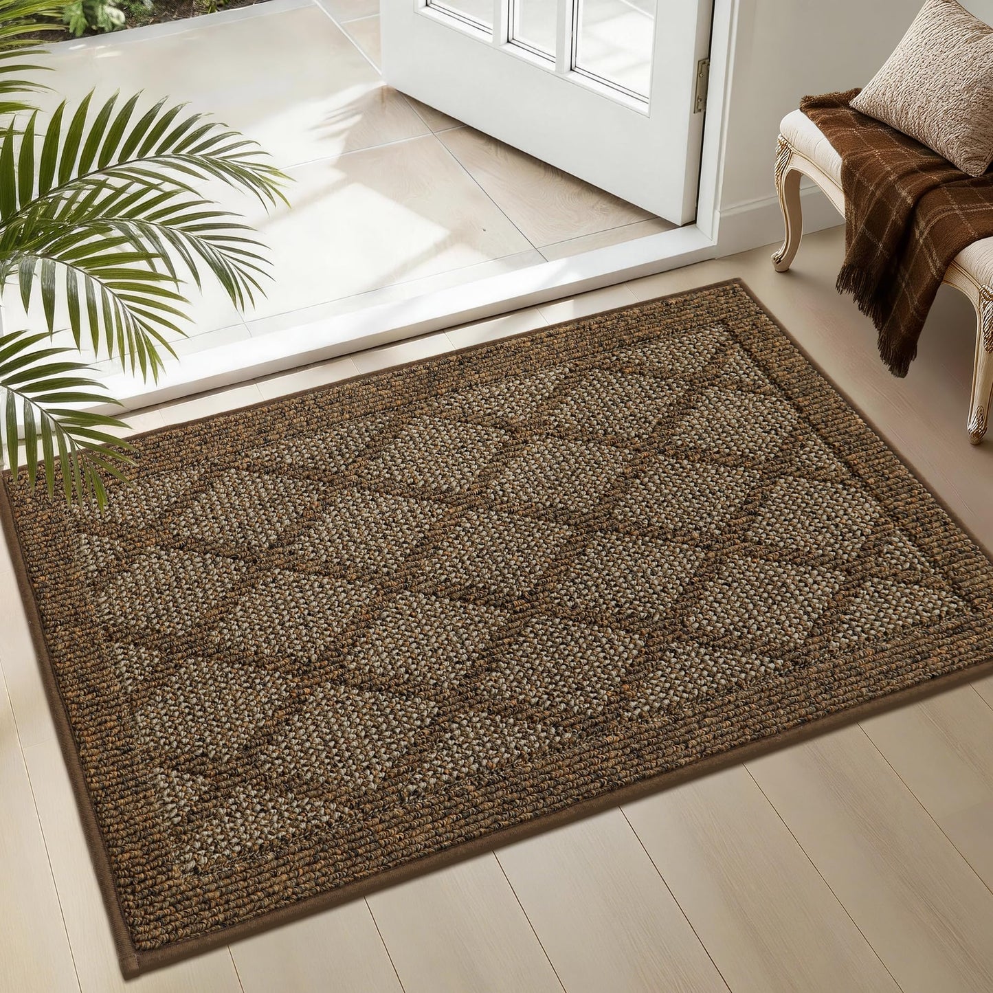 COSY HOMEER Non-Slip Door Mat 20"x32", Entryway Rugs Low Profile Absorbent Dirt Trapper Doormat for Front Entrance, Washable Polypropylene Entry Mat (Brown)