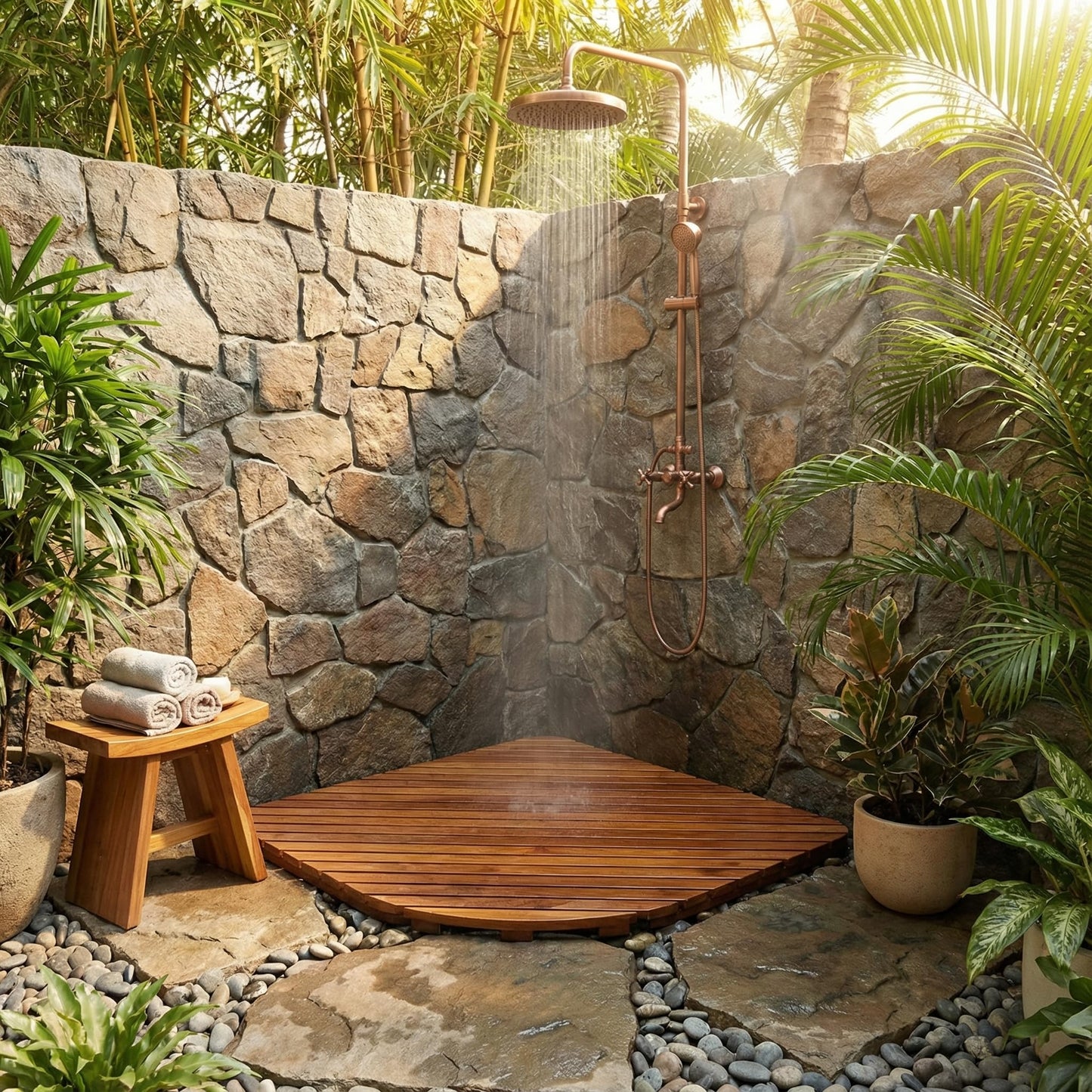 Bare Decor Dania Corner Shower Spa Mat, 24 by 24-Inch, Solid Teak Wood and Oiled Finish