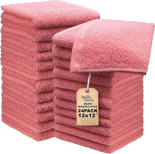 Basic Wash Cloths 12x12 Inches – Bulk Pack of 24 – Rose Pink Color – Soft and
