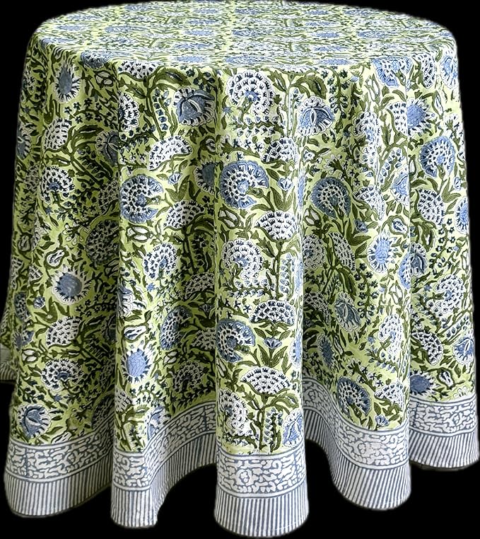 ATOSII Amara 100% Cotton Round Fall Tablecloth, Handblock Print Floral Table Cloth for Kitchen Dining Linen I Parties, Weddings, Christmas, Thanksgiving, Easter Grandmillennial Decor 60" Inches Round