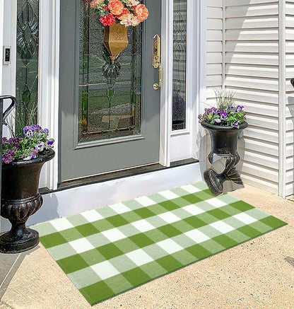 Green and White Buffalo Outdoor Rug 24''x51''Checkered Plaid Front Porch Rug Cotton Woven Machine Washable Door Mat Outdoor for Layered Doormat Hello Welcome Door Mat Kitchen Farmhouse Entryway